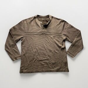 Vintage Haggar Men's L Brown Ribbed Pullover Henley Waffle Knit Long Sleeve Y2K